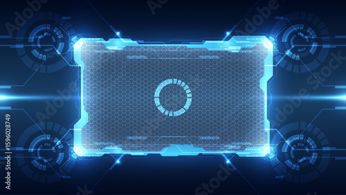 Futuristic HUD Interface with Hexagonal Grid and Digital Elements in Blue Technology Style