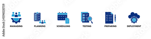 Release management banner web icon vector illustration concept with icon of managing, planning, scheduling, building, testing, preparing and deployment