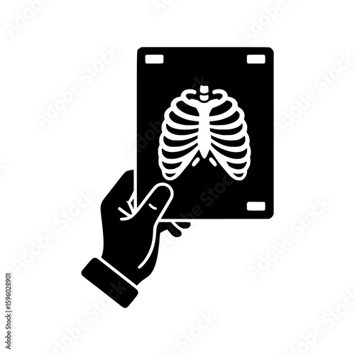 A black vector icon of a hand holding a chest x ray film, representing medical radiology and diagnostic imaging.