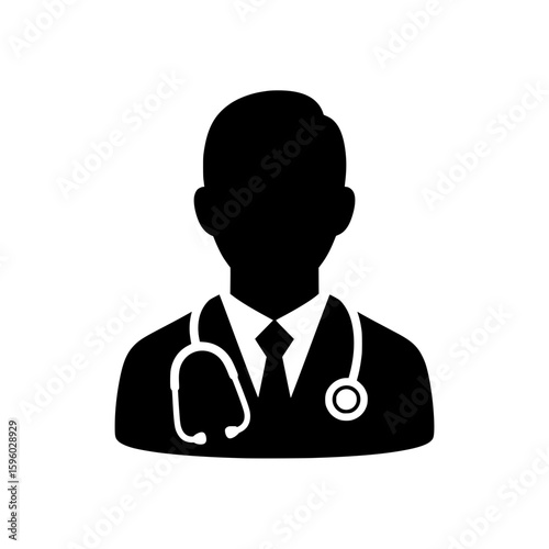 A black vector icon of a male doctor with a stethoscope. This vector graphic represents a medical professional or physician.