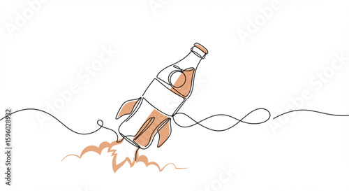 Cartoon rocket made from soda bottle launching into the sky  