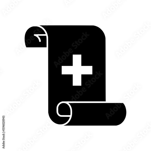 A black vector icon of a medical scroll with a plus sign, representing a prescription or patient health record document.