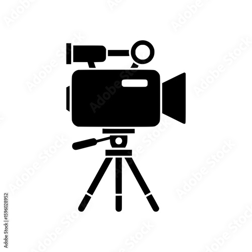A black vector icon of a professional video camera on a tripod, representing filmmaking, broadcasting, and videography.