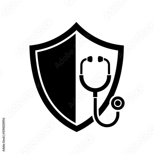 A black vector icon of a shield with a stethoscope, symbolizing health insurance, medical protection, and healthcare security.