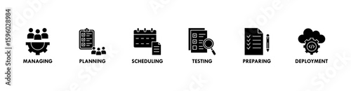 Release management banner web icon vector illustration concept with icon of managing, planning, scheduling, building, testing, preparing and deployment