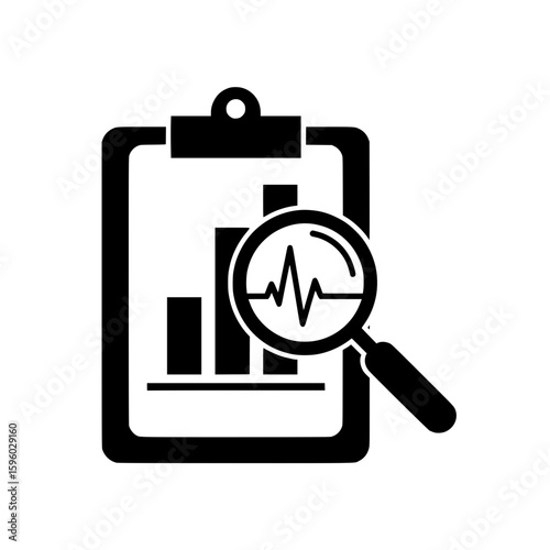 A vector icon of a clipboard with a bar chart and a magnifying glass showing a pulse line, symbolizing business health analysis.