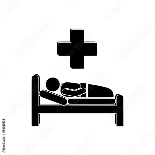 Vector graphic icon showing a person resting in a medical bed under a cross, symbolizing hospitalization and patient care.