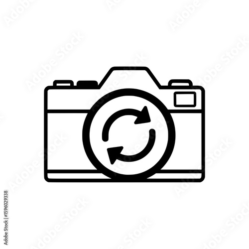 Vector icon of a camera with a refresh or switch symbol, representing changing between front and rear cameras on a device.