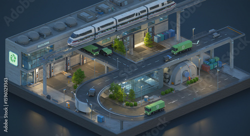 Isometric View of a Modern Recycling Center with Elevated Train and Green Trucks.