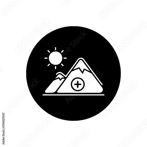 Vector vector icon for adding a new landscape photo, showing mountains, a sun, and a plus symbol within a black circle.