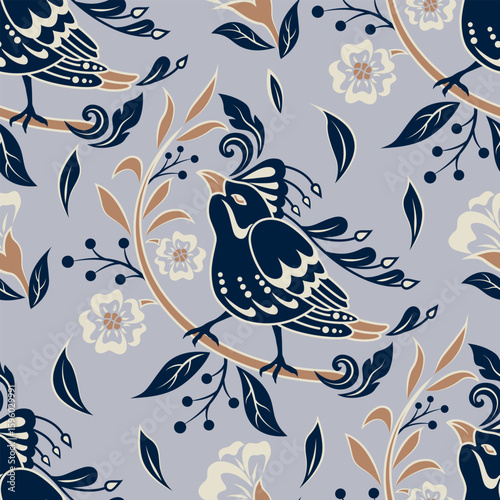 Warbler patterns with Botanical floral ethnic motif fabric flat design