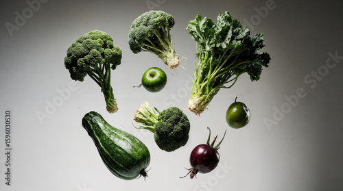 Different vegetables floating in air, simple background

