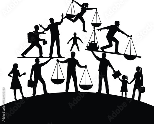 Balancing act silhouette illustration depicting work life balance and family equilibrium concept