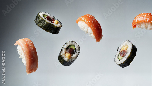 Different pieces of Sushi floating in air, simple background