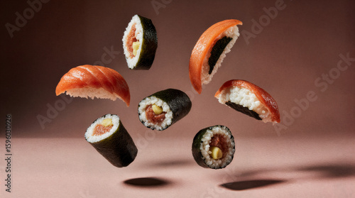 Different pieces of Sushi floating in air, simple background