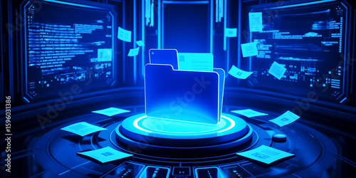 A futuristic scene with a glowing folder and floating documents in a blue environment on transparent background