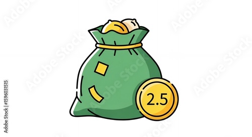 Cartoon illustration of a money bag with coins and a 25 coin