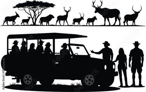 Safari adventure tour silhouette vector graphic design for wildlife and nature tourism concept design