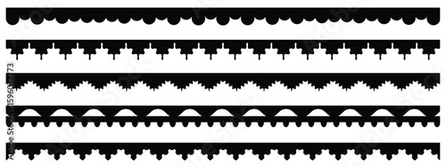  Scalloped edge seamless set. borders and dividers. Simple frame ornament. Texture ribbons. stripe,tape collection isolated on white background.