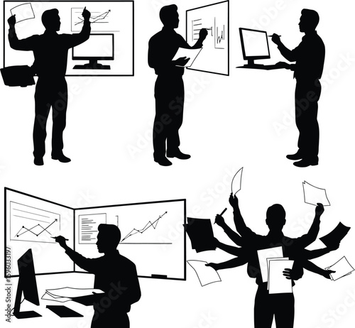 Business people silhouettes presenting data charts graphs and multitasking with many hands concept