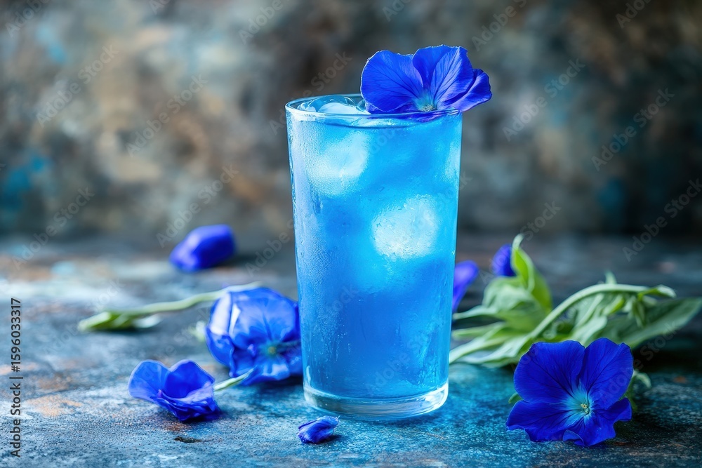 Refreshing blue drink garnished with flowers. Refreshing blue drink garnished with flowers.