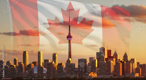 Toronto's Skyline Embraces Canadian Pride A Patriotic Panorama of Urban Beauty and National Identity under Waving Flag