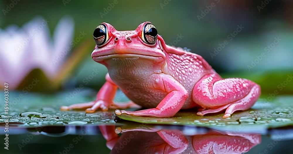 Close Up Of A Pink Frog On A Lily Pad With Blurred Background