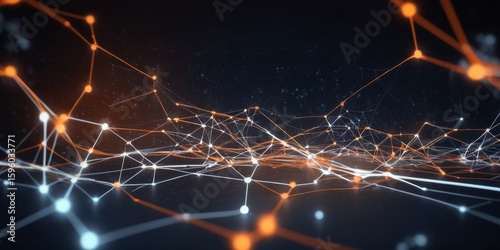 Abstract digital network structure on a dark background. Glowing orange and white connection points linked by lines represent concepts like modern data communication, artificial intelligence, neural