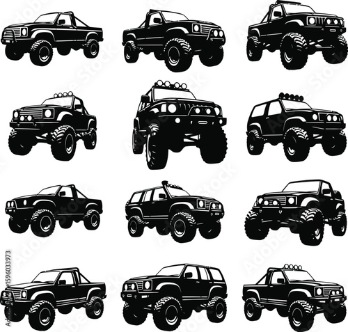 Collection of black and white off road vehicles and trucks for adventure and extreme sports use