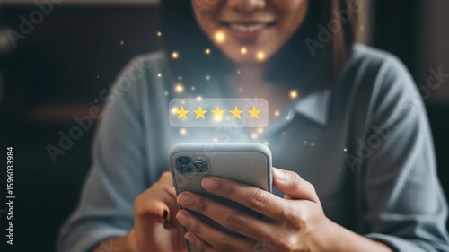 Smiling Woman Giving Five Star Rating on Smartphone with Glowing Effects