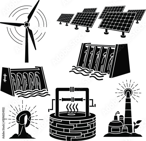 Renewable energy sources vector illustration wind solar hydro geothermal and water well design icon set