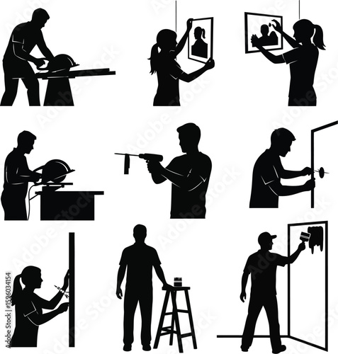 Diy home improvement projects and renovation tasks silhouette vector illustration design set