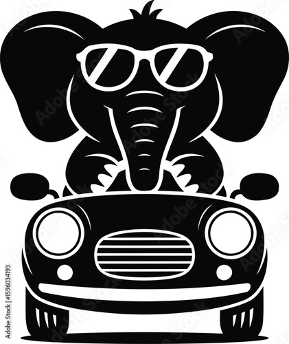 Cartoon Elephant Driving Car with Sunglasses, Fun Animal Vector Illustration.