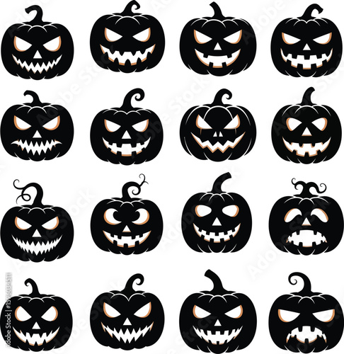 Halloween pumpkin vector set black silhouettes jack o lanterns spooky faces halloween design elements vector
