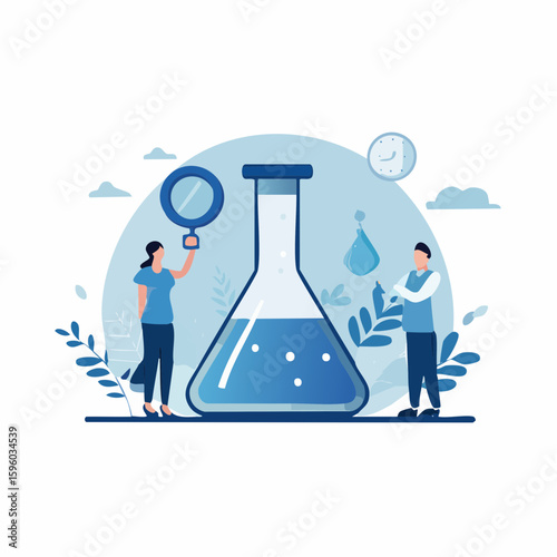 Scientific exploration unfolds as two figures meticulously study a colossal flask, hinting at groundbreaking innovations within the realms of science.