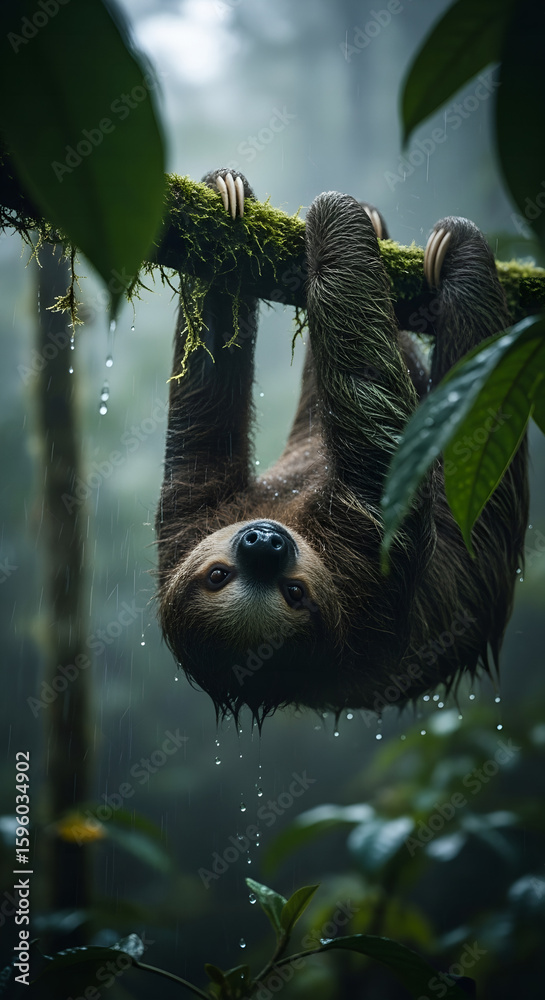 Fototapeta premium Hanging Sloth in Rainforest A Gentle Encounter with Nature's Slowest Mammal