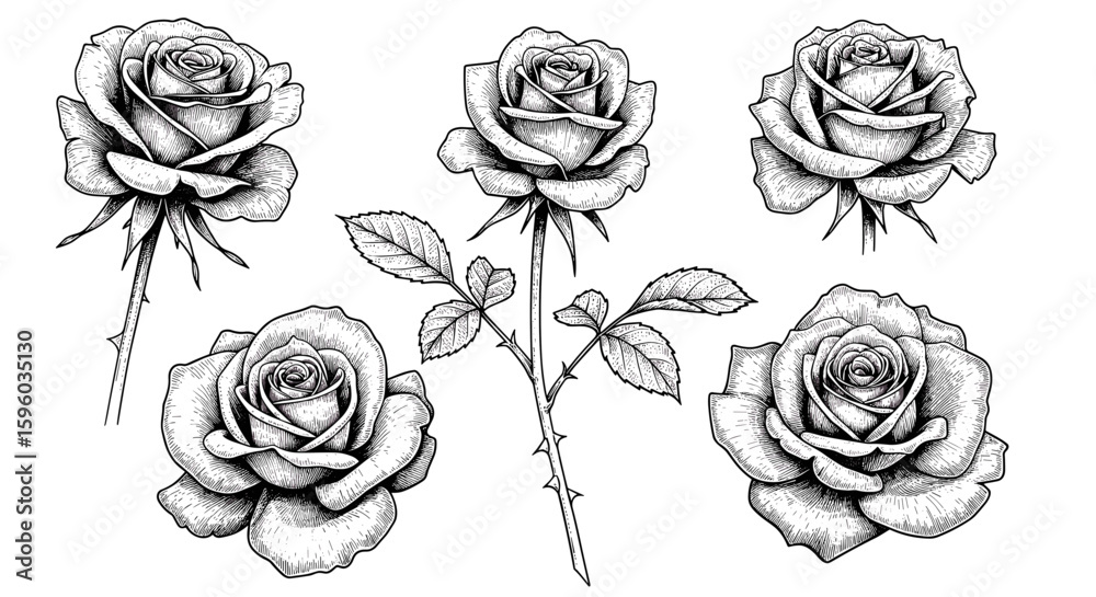 custom made wallpaper toronto digitalVintage ink sketch collection of roses from different angles, doodle black and white vector illustration on white background, engraving woodcut style