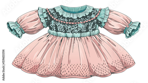 This smocked cotton dress with puff sleeves features delicate stitching and graceful structure. The clean white backdrop enhances its cozy, romantic vibe, ideal for a semi-realistic vector scene.

