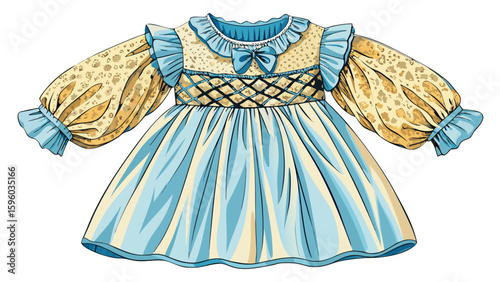 This smocked cotton dress with puff sleeves features delicate stitching and graceful structure. The clean white backdrop enhances its cozy, romantic vibe, ideal for a semi-realistic vector scene.

