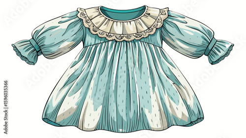 This smocked cotton dress with puff sleeves features delicate stitching and graceful structure. The clean white backdrop enhances its cozy, romantic vibe, ideal for a semi-realistic vector scene.

