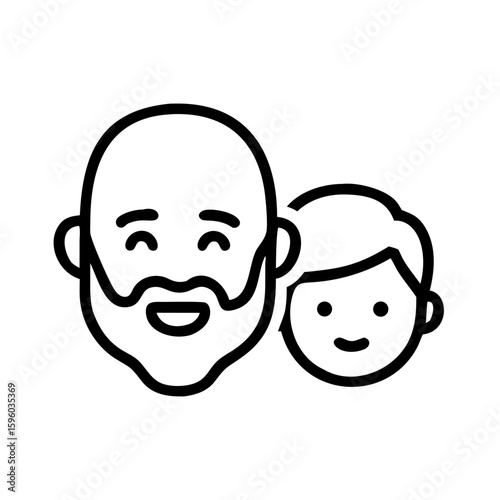Minimalist black outline vector icon of a grandfather and a young boy smiling, symbolizing family connection, generational bond, and warmth. Isolated on a transparent background