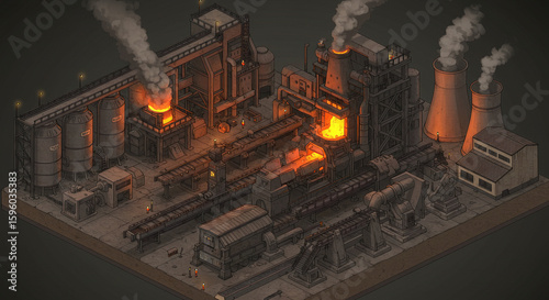 Isometric Steel Mill Illustration with Glowing Molten Metal and Smoky Chimneys.