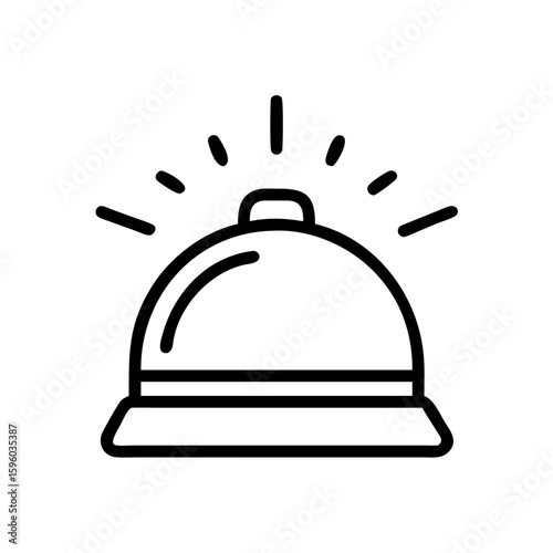 Minimalist black outline vector icon of a reception bell ringing, symbolizing hotel service, hospitality, and customer care. Isolated on a transparent background
