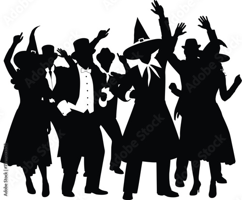 Halloween party silhouette vector illustration of people in costumes dancing and celebrating 100
