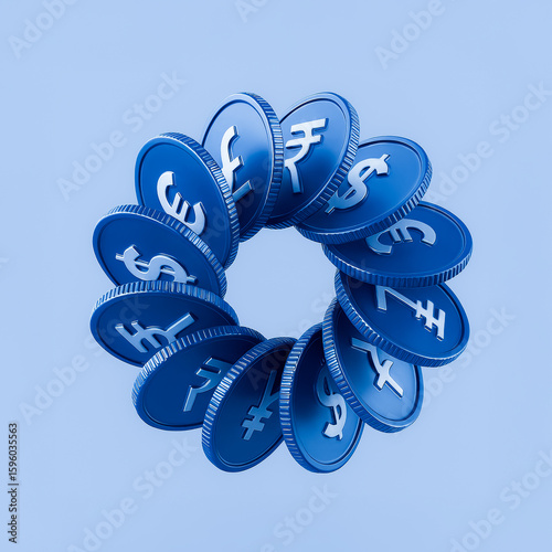 3D Circle of Global Currency Coins – International Money and Forex Exchange Concept in Blue Minimal Style
