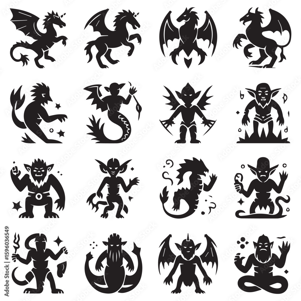 Collection of mythical creatures in black silhouettes, dragons, unicorns, goblins and more Collection of mythical creatures in black silhouettes, dragons, unicorns, goblins and more