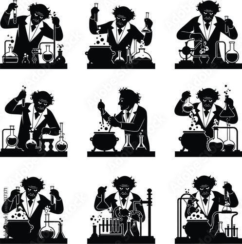 Mad scientist experiments black and white vector illustration set science lab chemistry alchemy potion