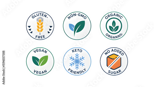 Food packaging icons for Gluten-Free, Non-GMO, Organic, Vegan, Keto-Friendly, and No Added Sugar