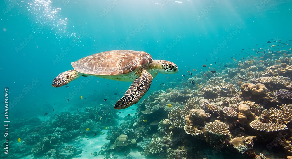 Fototapeta premium Majestic Sea Turtle Gliding Through Vibrant Coral Reef Ecosystem