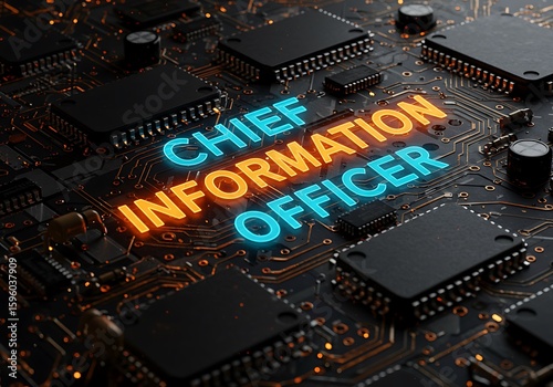 Circuit board with glowing text technology electronic